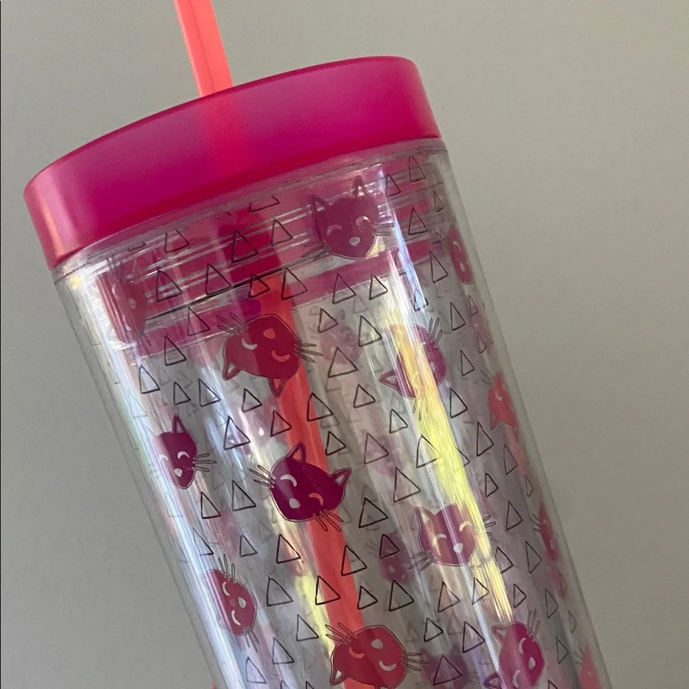 Target cat print tumbler drinking water cup with straw kitty graphic pink clear